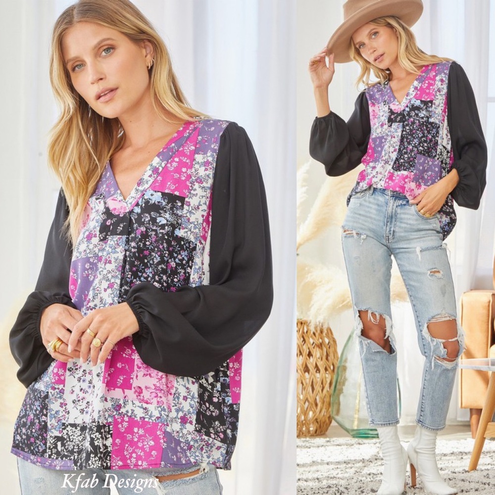 ❤️LAST 2! V Neck Floral Patchwork Ballon Sleeves Top! - Picture 4 of 7